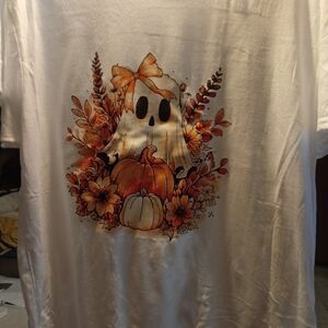 White T-Shirt with Halloween Ghost and Pumpkin Design